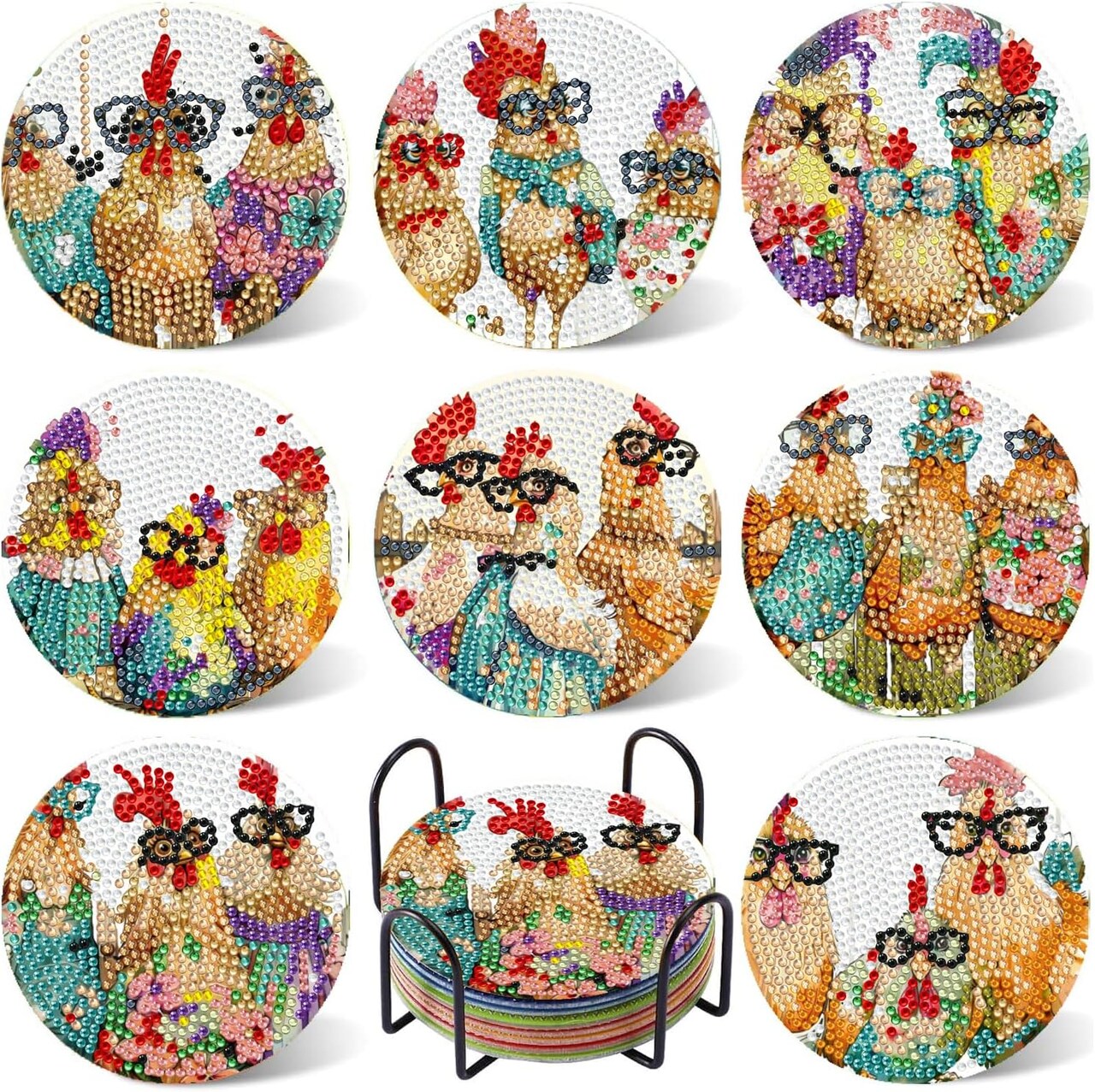 8PCS Chicken Diamond Art Coasters Small Diamond Painting Kits (AA Chicken) 3.94 x 3.94 x 1.97 inches